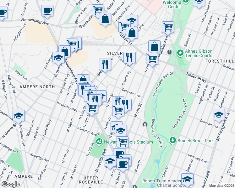 map of restaurants, bars, coffee shops, grocery stores, and more near 512 Delavan Avenue in Newark