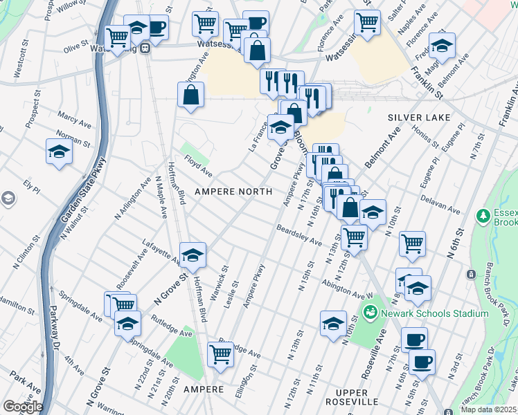 map of restaurants, bars, coffee shops, grocery stores, and more near 93 Grove Street in Bloomfield