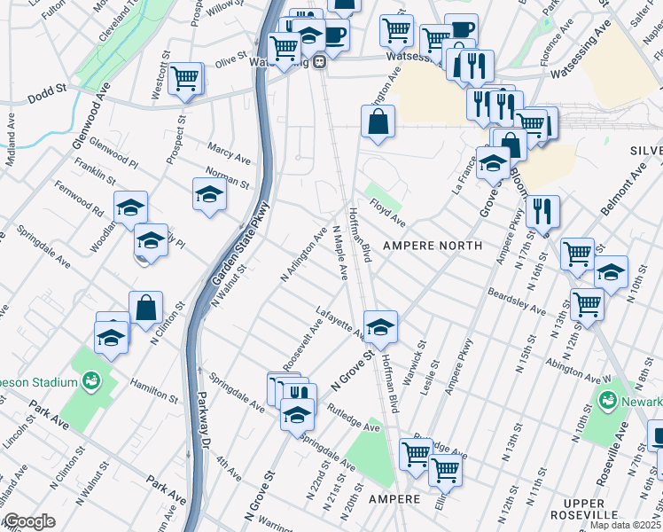 map of restaurants, bars, coffee shops, grocery stores, and more near 14 Chauncey Avenue in East Orange