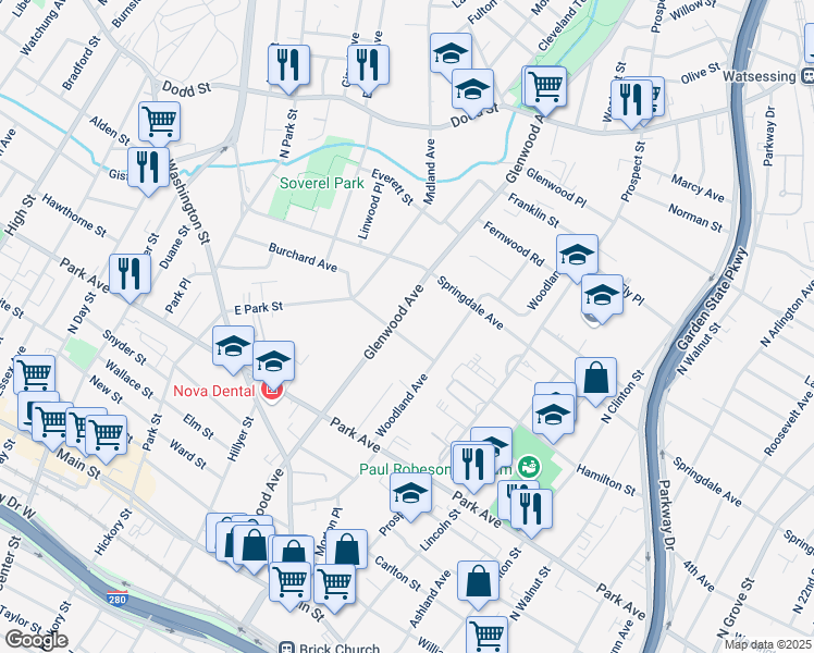 map of restaurants, bars, coffee shops, grocery stores, and more near 188 Glenwood Avenue in East Orange