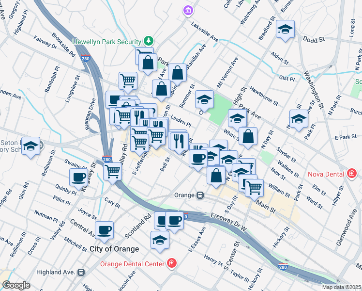 map of restaurants, bars, coffee shops, grocery stores, and more near 51 Ridge Street in City of Orange