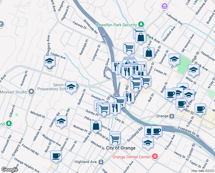 map of restaurants, bars, coffee shops, grocery stores, and more near 35 Northfield Avenue in West Orange