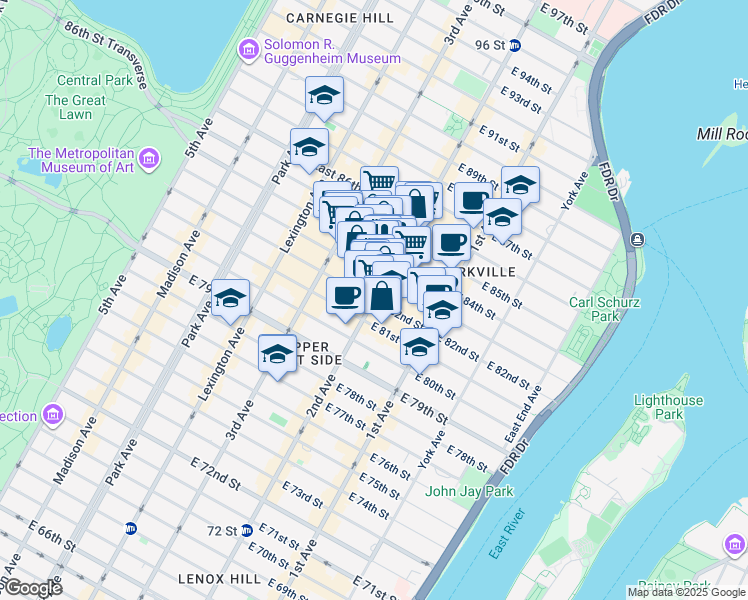 map of restaurants, bars, coffee shops, grocery stores, and more near East 82nd Street in New York