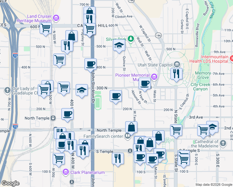 map of restaurants, bars, coffee shops, grocery stores, and more near 264 North 200 West in Salt Lake City