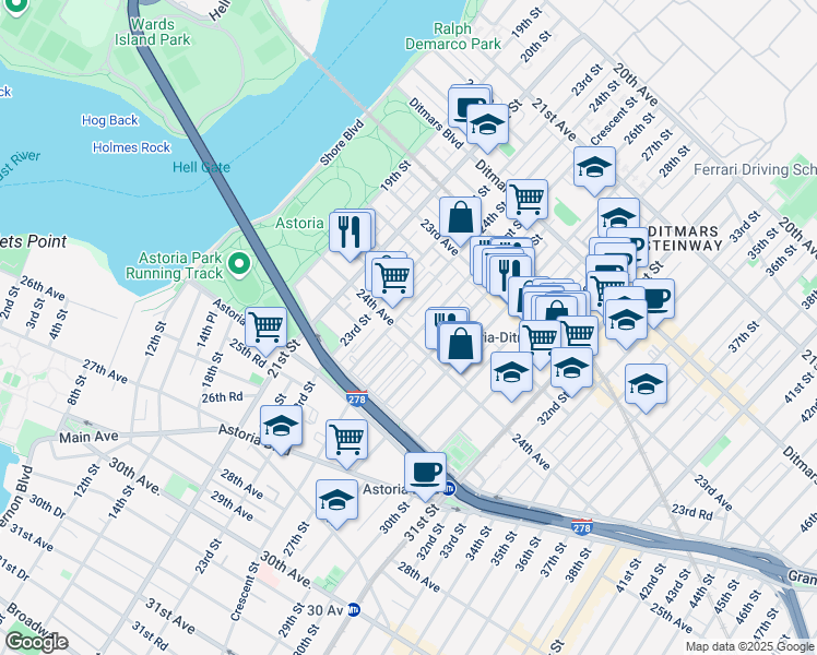 map of restaurants, bars, coffee shops, grocery stores, and more near 23-57 24th Street in Queens