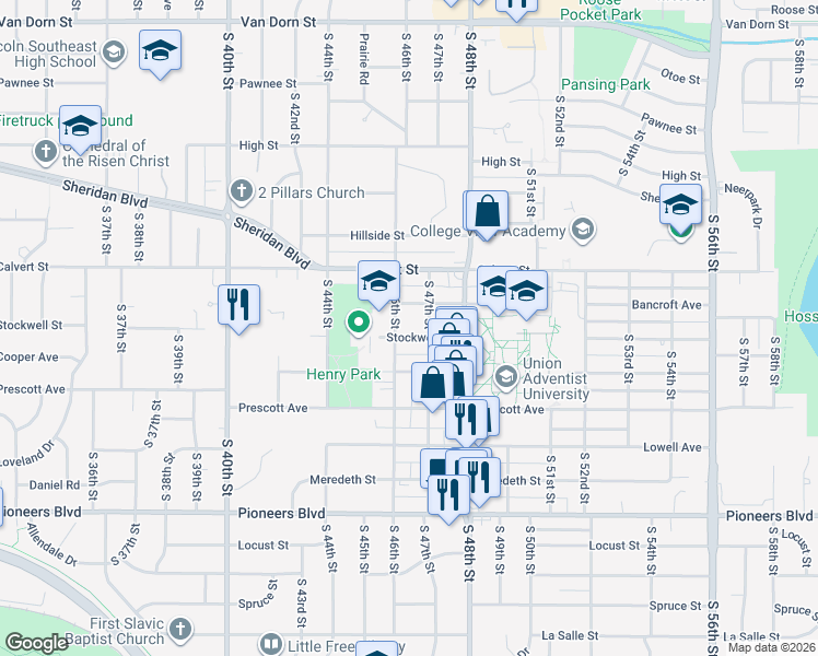 map of restaurants, bars, coffee shops, grocery stores, and more near 4645 Bancroft Avenue in Lincoln