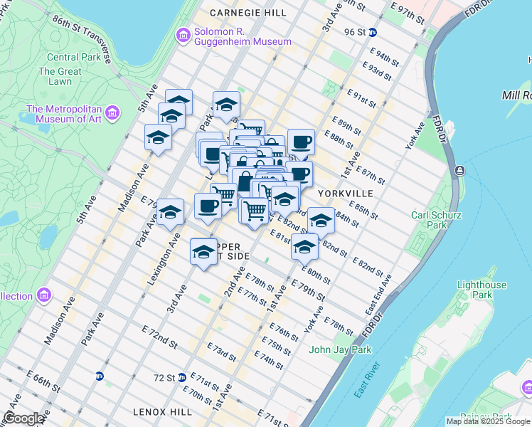 map of restaurants, bars, coffee shops, grocery stores, and more near 240 East 82nd Street in New York
