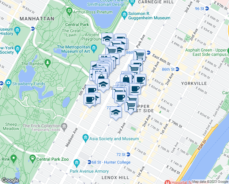 map of restaurants, bars, coffee shops, grocery stores, and more near 895 Park Avenue in New York