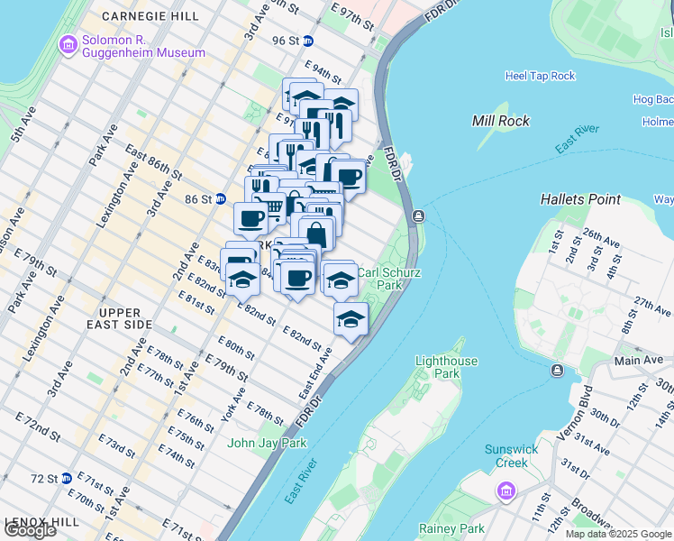 map of restaurants, bars, coffee shops, grocery stores, and more near 520 East 86th Street in New York
