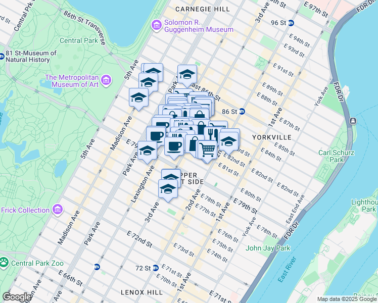 map of restaurants, bars, coffee shops, grocery stores, and more near 1445 3rd Avenue in New York
