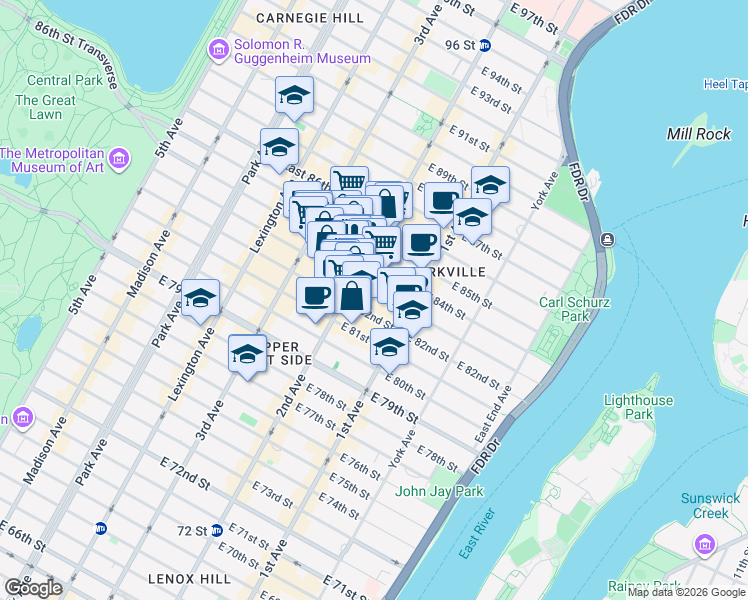 map of restaurants, bars, coffee shops, grocery stores, and more near 252 East 84th Street in New York