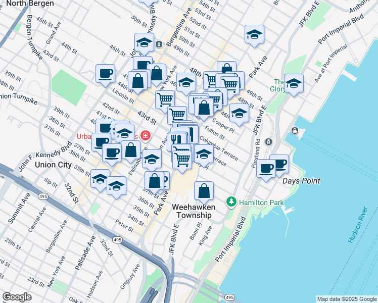 map of restaurants, bars, coffee shops, grocery stores, and more near 4206 Park Avenue in Weehawken