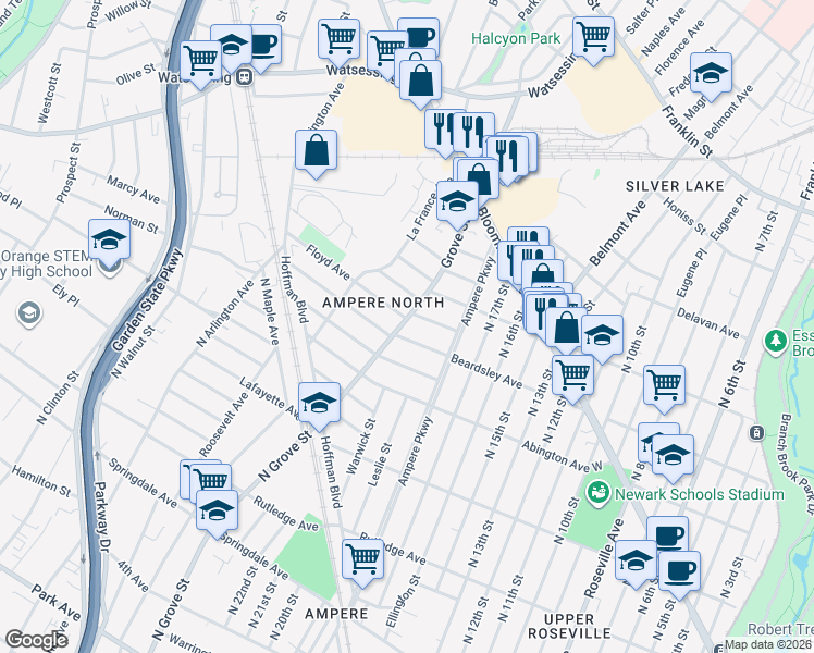 map of restaurants, bars, coffee shops, grocery stores, and more near 93 Grove Street in Bloomfield