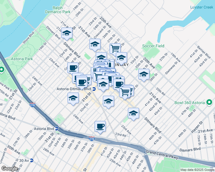 map of restaurants, bars, coffee shops, grocery stores, and more near 31-30 Ditmars Boulevard in Queens