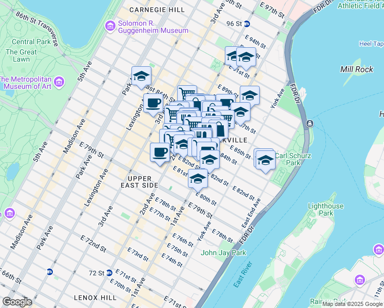 map of restaurants, bars, coffee shops, grocery stores, and more near 320 East 83rd Street in New York