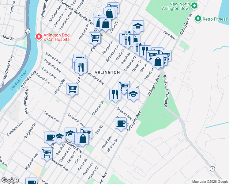 map of restaurants, bars, coffee shops, grocery stores, and more near 743 Chestnut Street in Kearny
