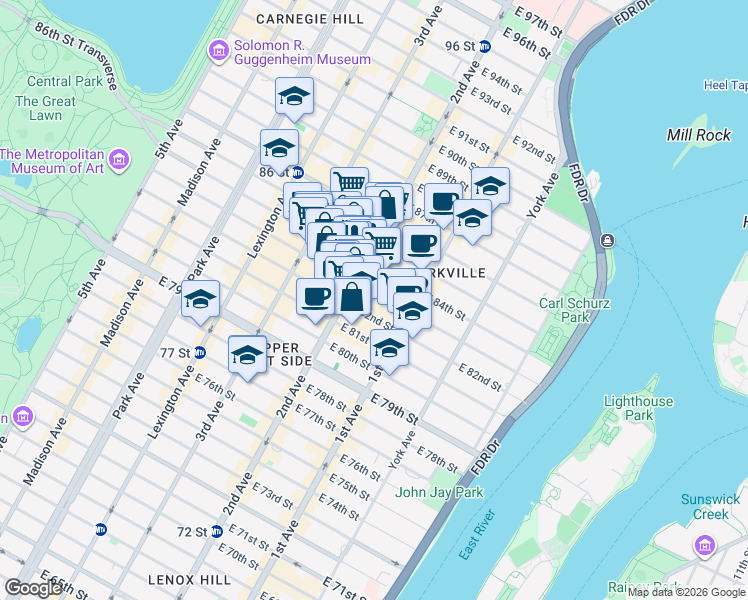 map of restaurants, bars, coffee shops, grocery stores, and more near 252 East 84th Street in New York