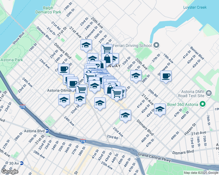 map of restaurants, bars, coffee shops, grocery stores, and more near 21-38 35th Street in Queens