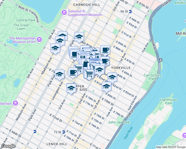 map of restaurants, bars, coffee shops, grocery stores, and more near 225 East 82nd Street in New York