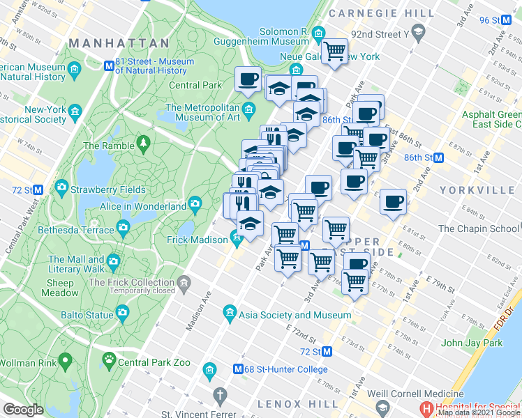 map of restaurants, bars, coffee shops, grocery stores, and more near 1025 Madison Avenue in New York