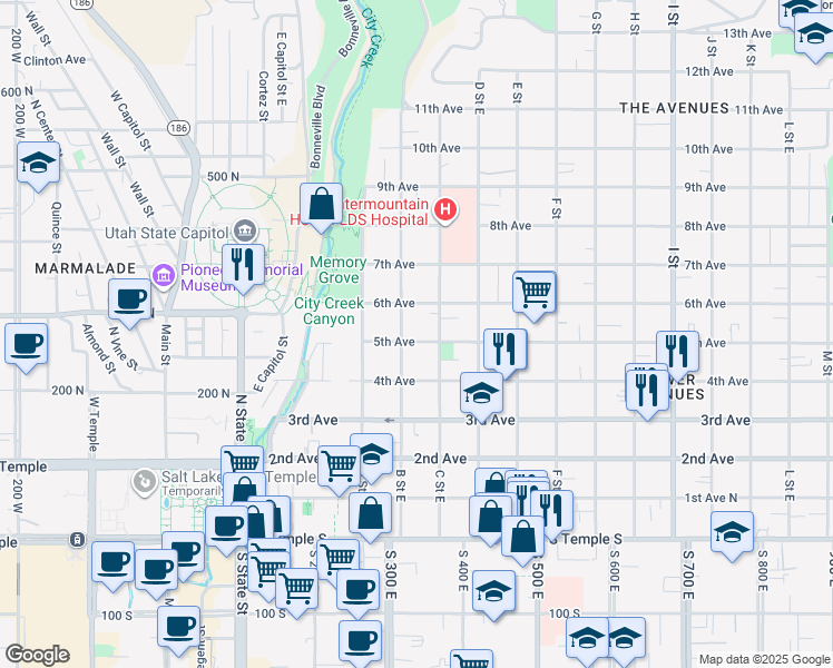 map of restaurants, bars, coffee shops, grocery stores, and more near 265 East 5th Avenue in Salt Lake City