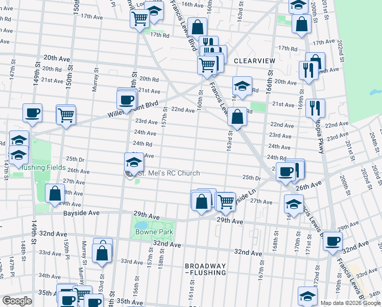 map of restaurants, bars, coffee shops, grocery stores, and more near 157-58 24th Avenue in Queens