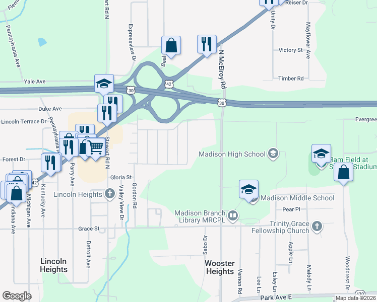 map of restaurants, bars, coffee shops, grocery stores, and more near 678 Champion Road in Mansfield