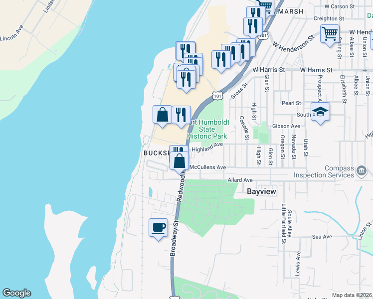 map of restaurants, bars, coffee shops, grocery stores, and more near Broadway St & Highland Ave in Eureka