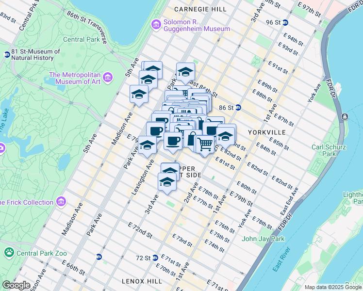 map of restaurants, bars, coffee shops, grocery stores, and more near 1418 3rd Avenue in Manhattan