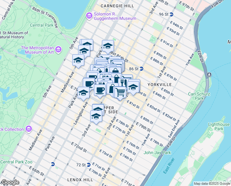 map of restaurants, bars, coffee shops, grocery stores, and more near 219 East 81st Street in New York