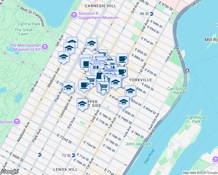 map of restaurants, bars, coffee shops, grocery stores, and more near 264 East 82nd Street in New York