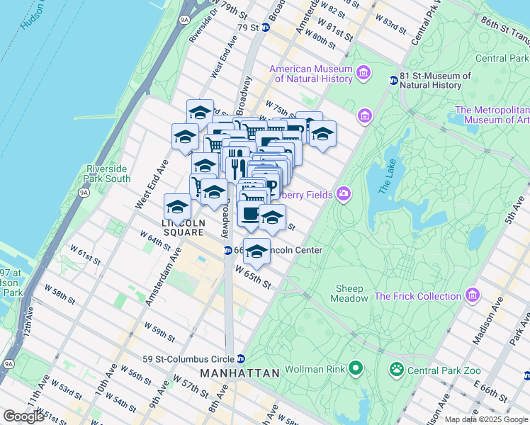 map of restaurants, bars, coffee shops, grocery stores, and more near 78 West 69th Street in New York