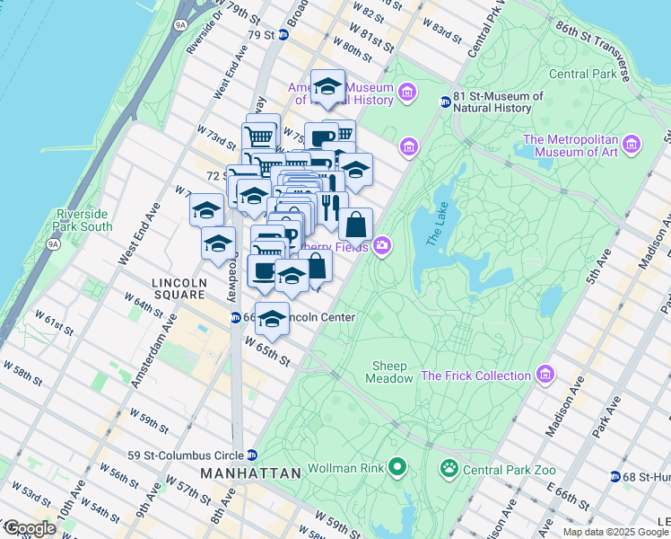 map of restaurants, bars, coffee shops, grocery stores, and more near 9 West 70th Street in New York
