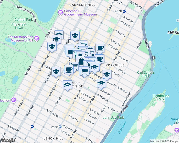 map of restaurants, bars, coffee shops, grocery stores, and more near 281 East 82nd Street in New York