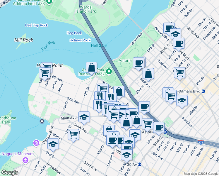 map of restaurants, bars, coffee shops, grocery stores, and more near 18-10 Astoria Park South in Queens