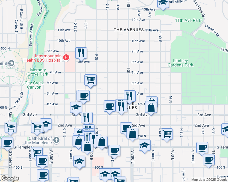 map of restaurants, bars, coffee shops, grocery stores, and more near 521 East 5th Avenue in Salt Lake City