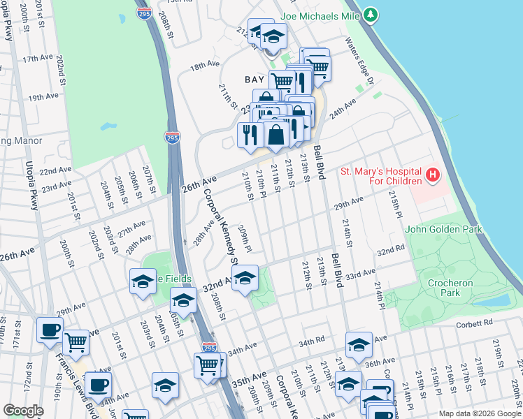 map of restaurants, bars, coffee shops, grocery stores, and more near 210-25 28th Avenue in Queens