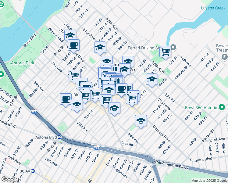 map of restaurants, bars, coffee shops, grocery stores, and more near 31-30 Ditmars Boulevard in Queens