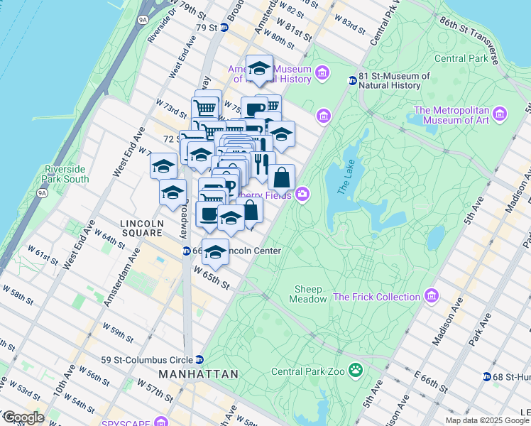 map of restaurants, bars, coffee shops, grocery stores, and more near 115 Central Park West in New York