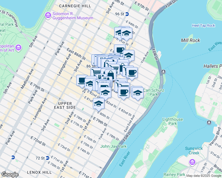 map of restaurants, bars, coffee shops, grocery stores, and more near 408 East 84th Street in New York