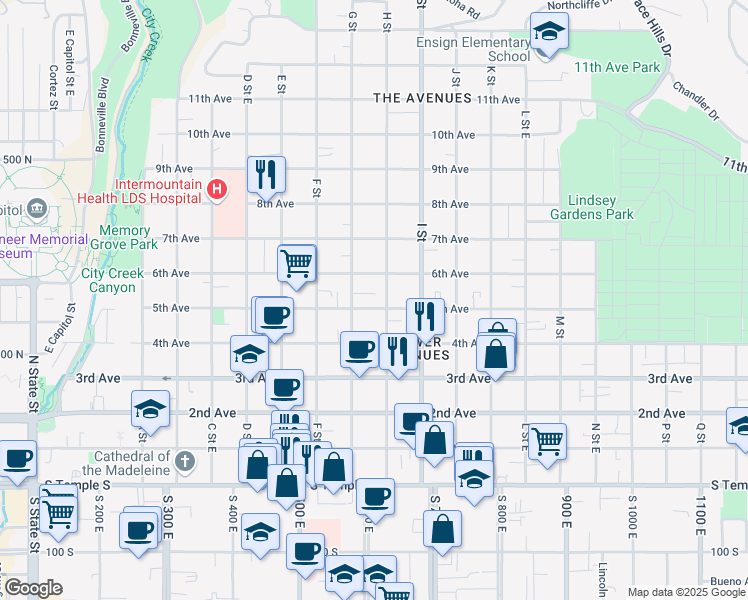map of restaurants, bars, coffee shops, grocery stores, and more near 521 East 5th Avenue in Salt Lake City