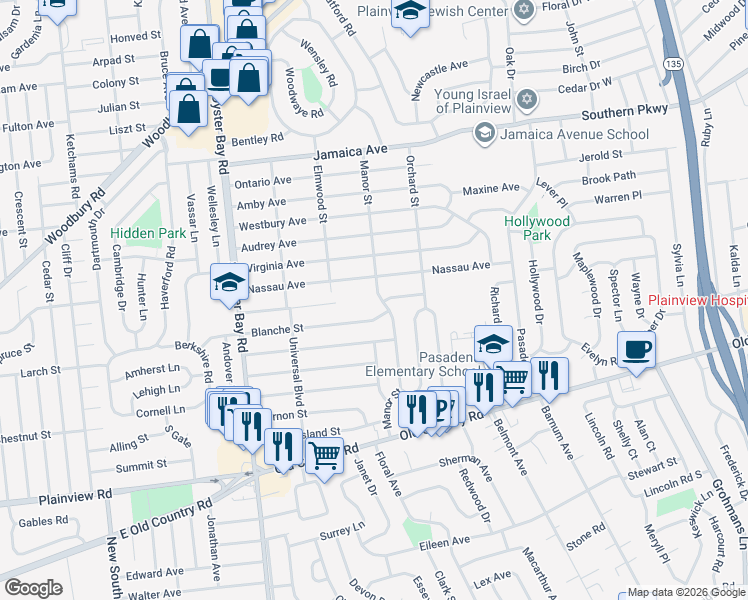 map of restaurants, bars, coffee shops, grocery stores, and more near 118 Manor Street in Plainview