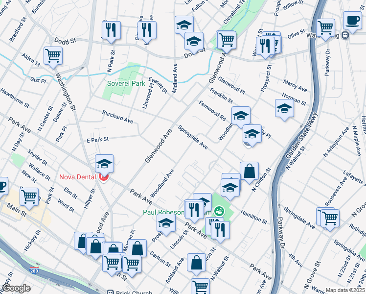 map of restaurants, bars, coffee shops, grocery stores, and more near 561 Springdale Avenue in East Orange