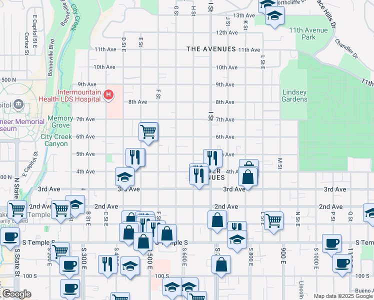 map of restaurants, bars, coffee shops, grocery stores, and more near 521 East 5th Avenue in Salt Lake City