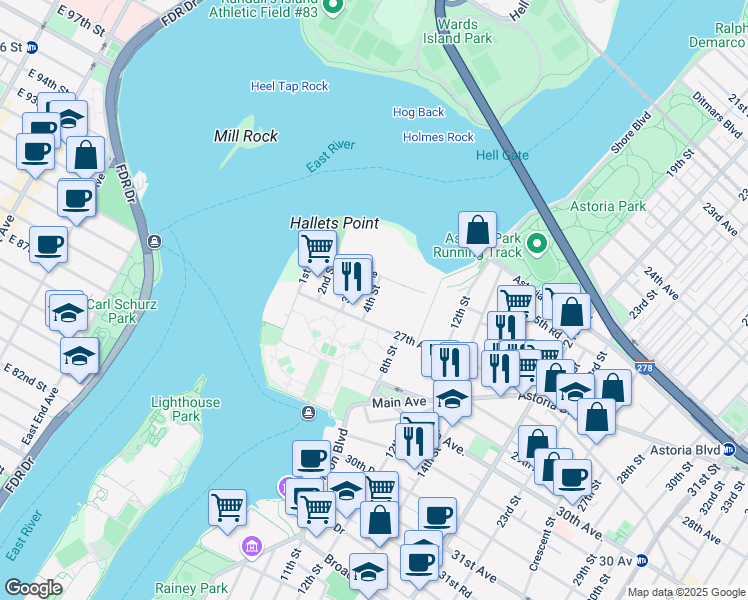 map of restaurants, bars, coffee shops, grocery stores, and more near in New York
