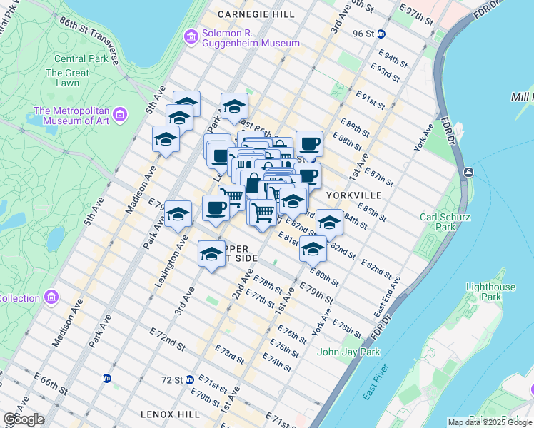map of restaurants, bars, coffee shops, grocery stores, and more near 225 East 82nd Street in New York