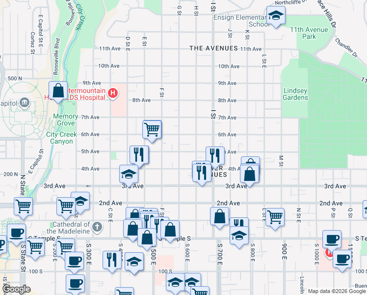 map of restaurants, bars, coffee shops, grocery stores, and more near 507 East 5th Avenue in Salt Lake City