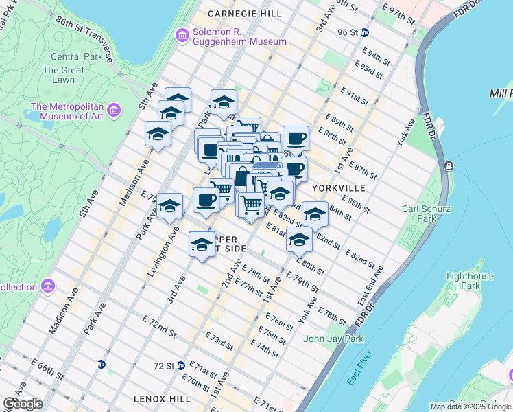 map of restaurants, bars, coffee shops, grocery stores, and more near 242 East 82nd Street in New York