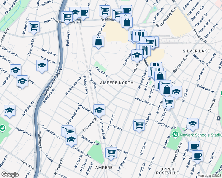 map of restaurants, bars, coffee shops, grocery stores, and more near 486 Beardsley Avenue in Bloomfield