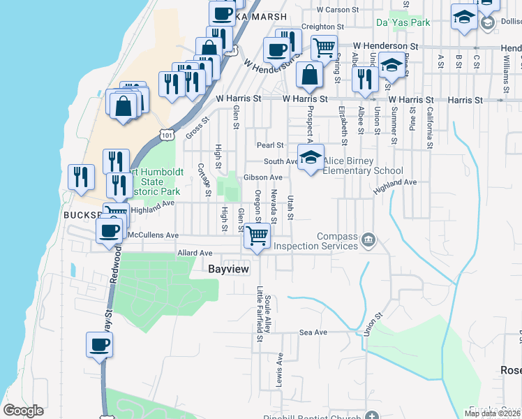 map of restaurants, bars, coffee shops, grocery stores, and more near 3451 Oregon Street in Eureka